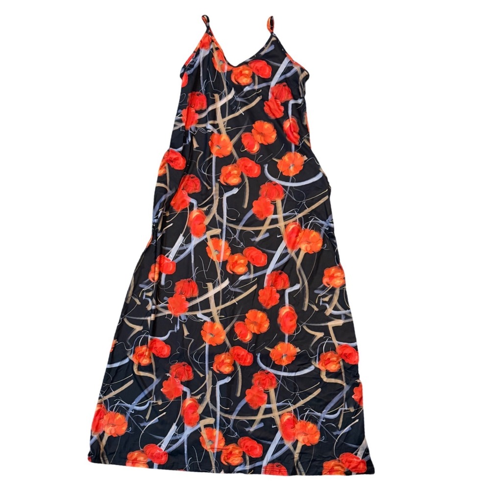 XXL Floral Maxi Dress‎ Black Orange Spaghetti Strap Flowy Vacation POCKETS